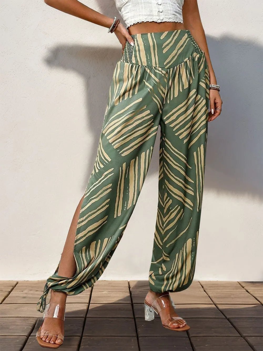 Smocked Slit Printed High Waist Pants - SuzRevera