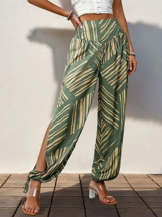 Smocked Slit Printed High Waist Pants - SuzRevera