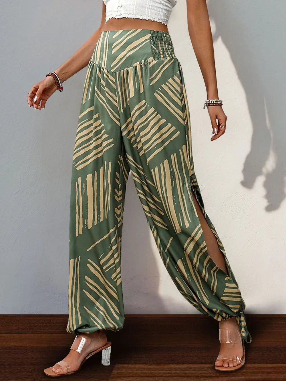 Smocked Slit Printed High Waist Pants - SuzRevera