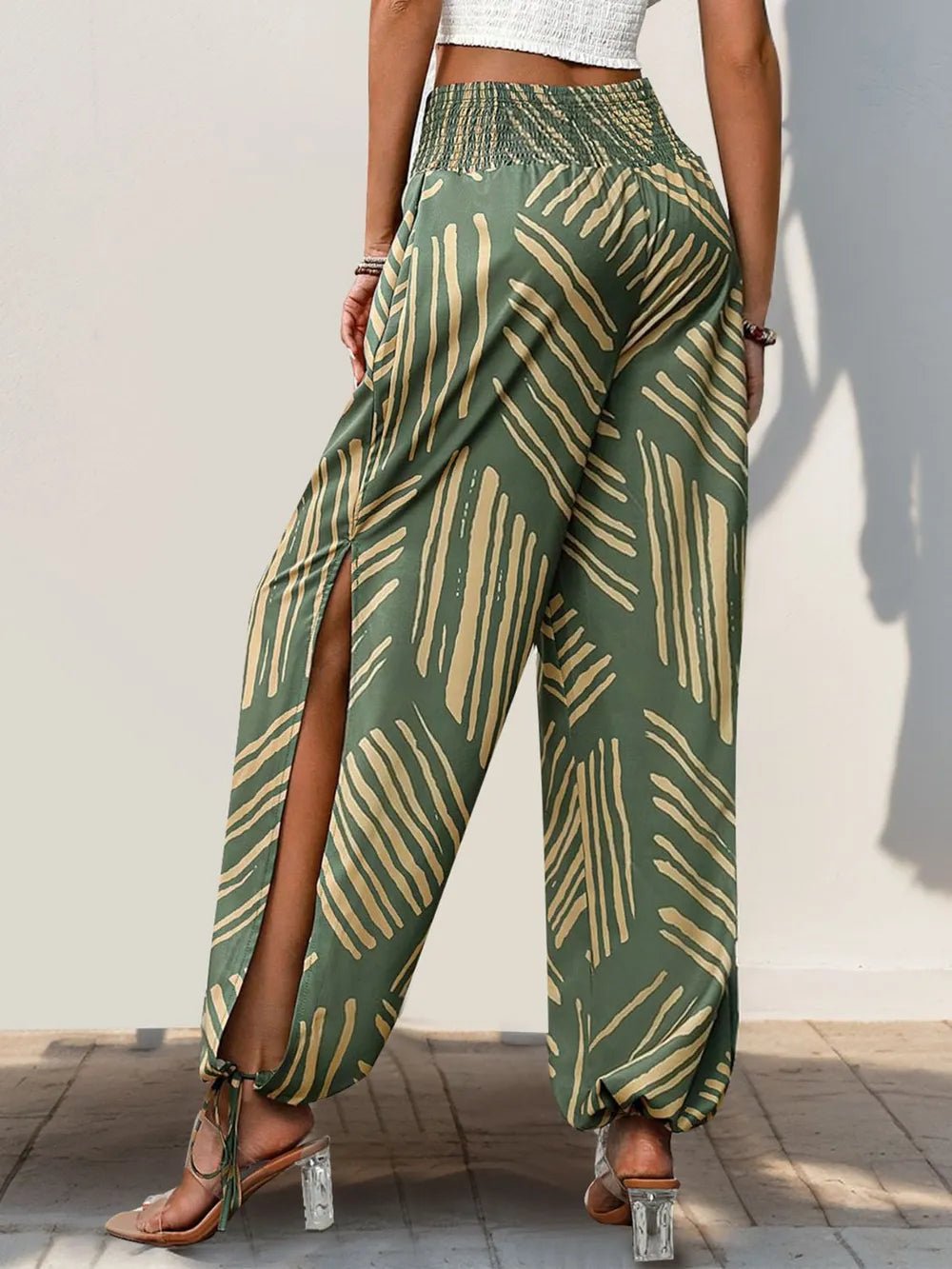 Smocked Slit Printed High Waist Pants - SuzRevera