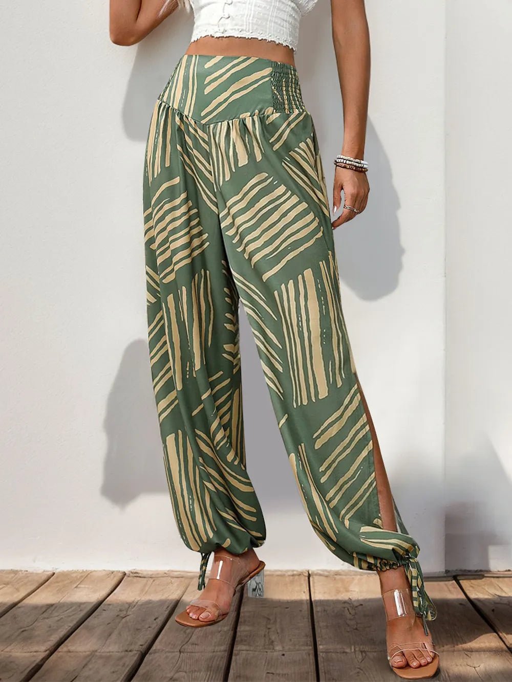 Smocked Slit Printed High Waist Pants - SuzRevera