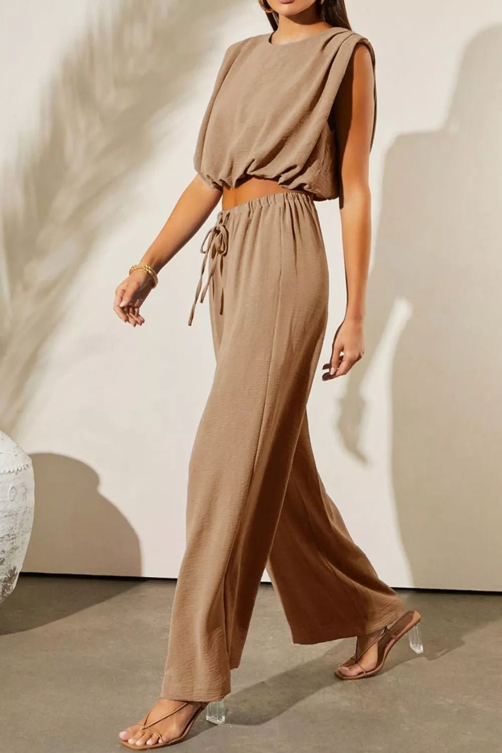 Solid Color Keyhole Puffy Tank Drawstring Loose Pants 2pcs Outfit - SuzRevera