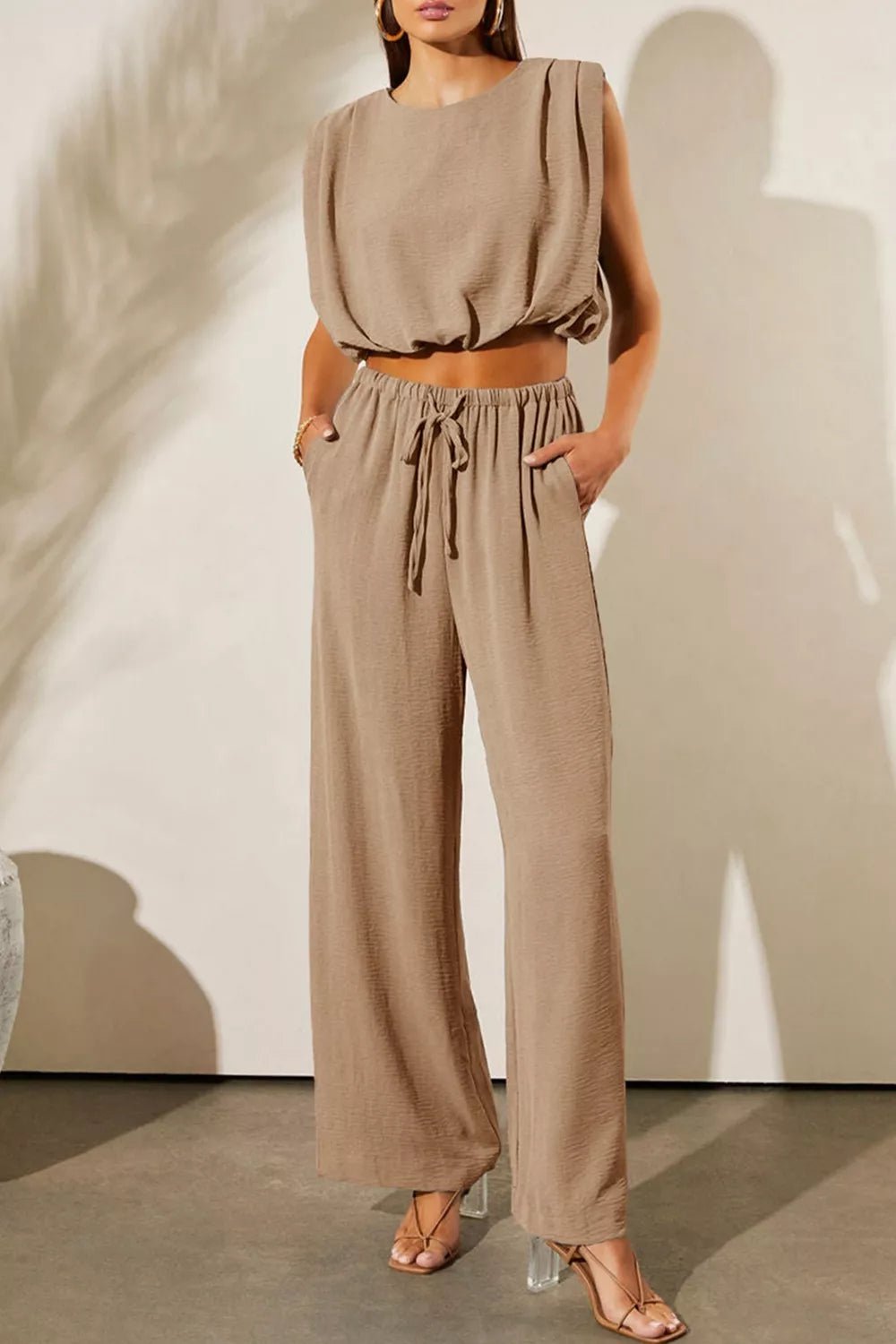 Solid Color Keyhole Puffy Tank Drawstring Loose Pants 2pcs Outfit - SuzRevera