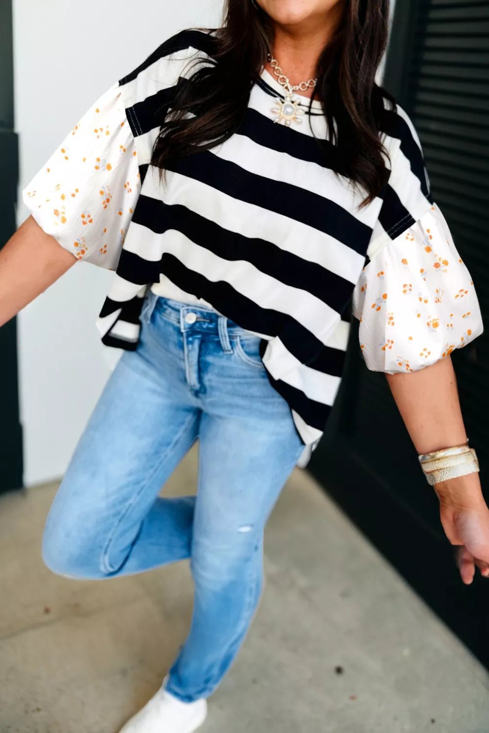 Stripe Floral Print Puff Sleeve Patchwork Blouse - SuzRevera