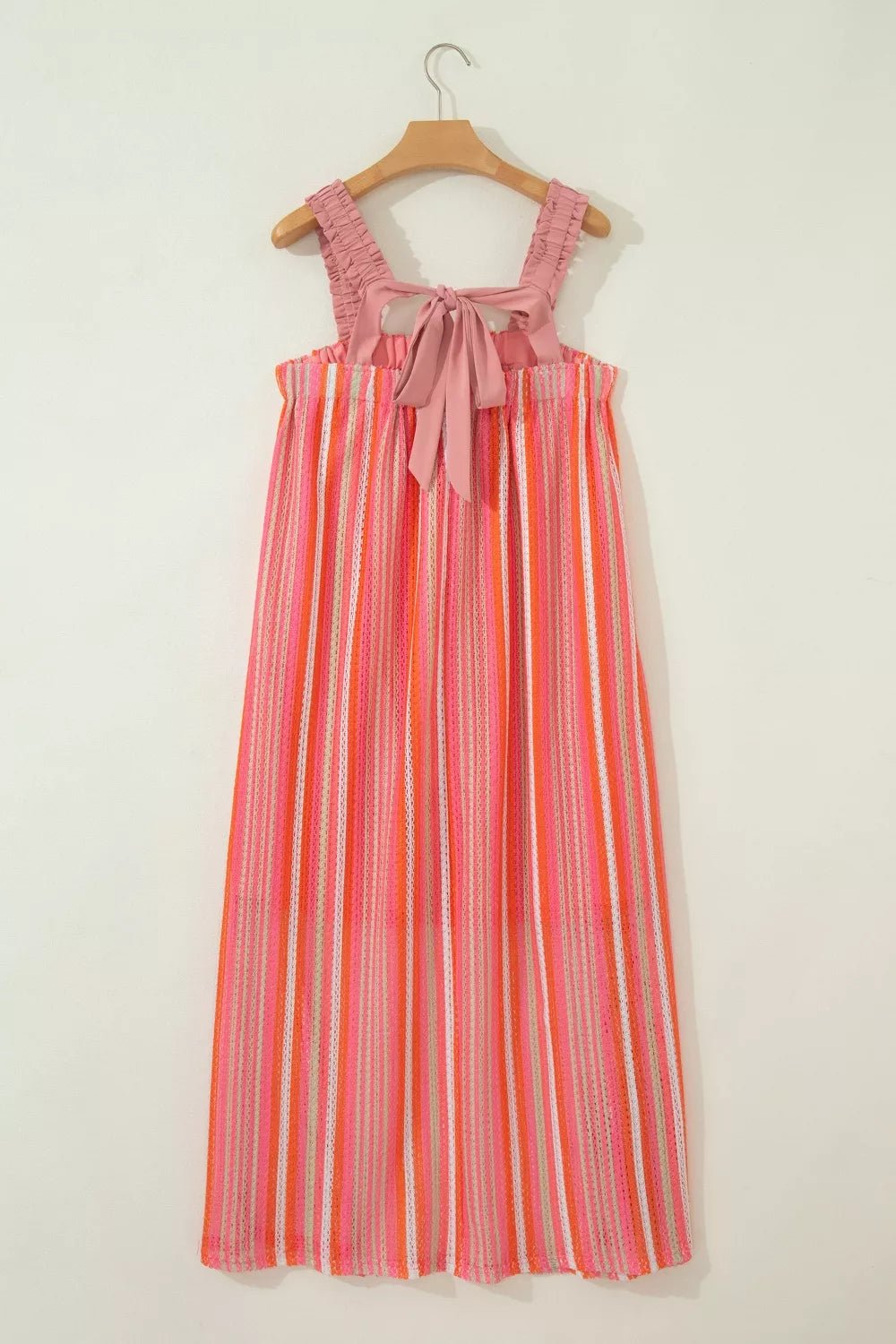 Stripe Ruffled Straps Ribbon Knot Flowy Vacation Maxi Dress - SuzRevera
