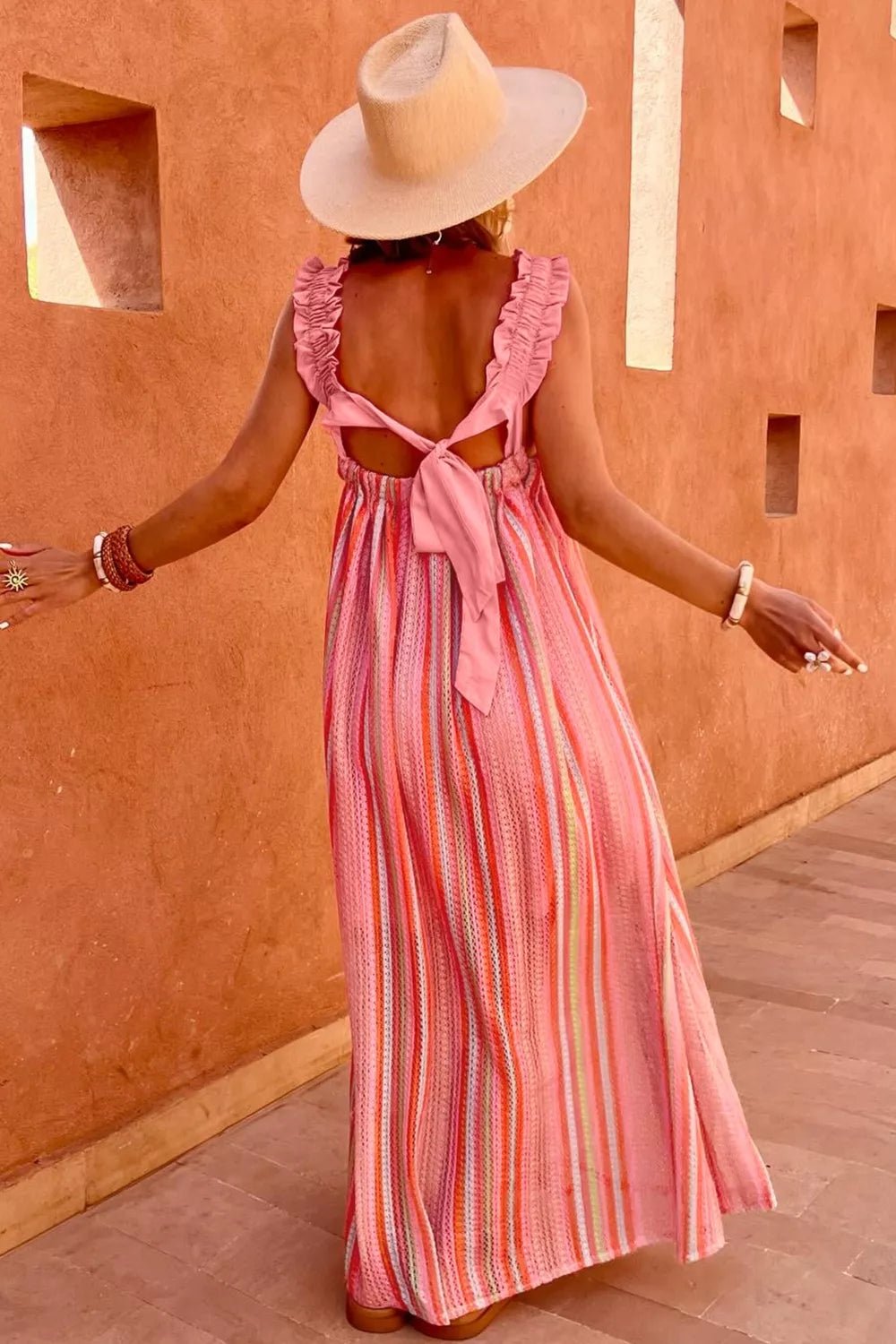 Stripe Ruffled Straps Ribbon Knot Flowy Vacation Maxi Dress - SuzRevera