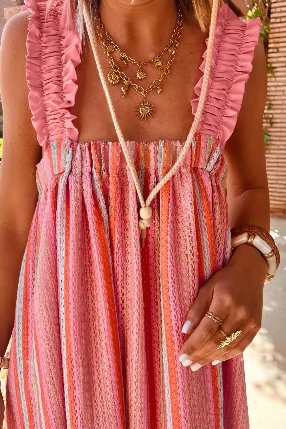 Stripe Ruffled Straps Ribbon Knot Flowy Vacation Maxi Dress - SuzRevera