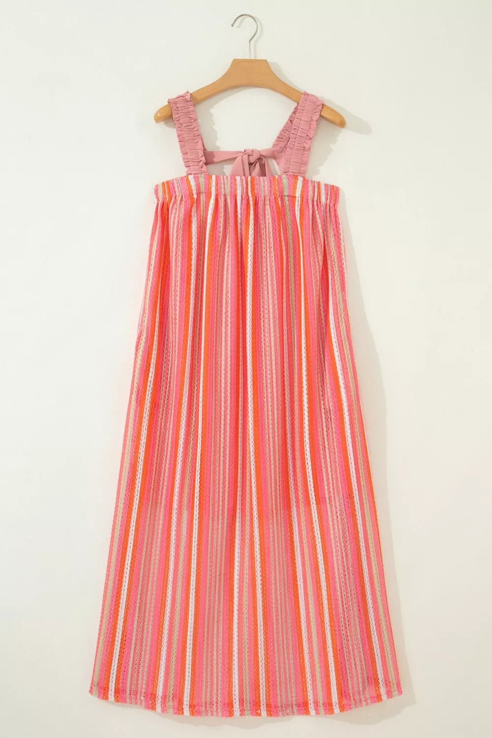 Stripe Ruffled Straps Ribbon Knot Flowy Vacation Maxi Dress - SuzRevera