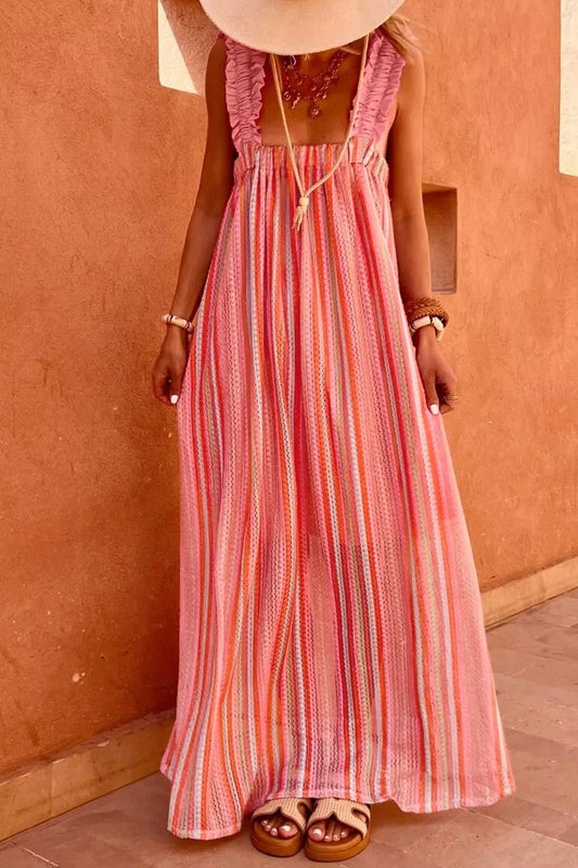 Stripe Ruffled Straps Ribbon Knot Flowy Vacation Maxi Dress - SuzRevera