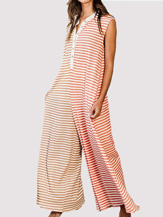 Striped Round Neck Sleeveless Jumpsuit - SuzRevera