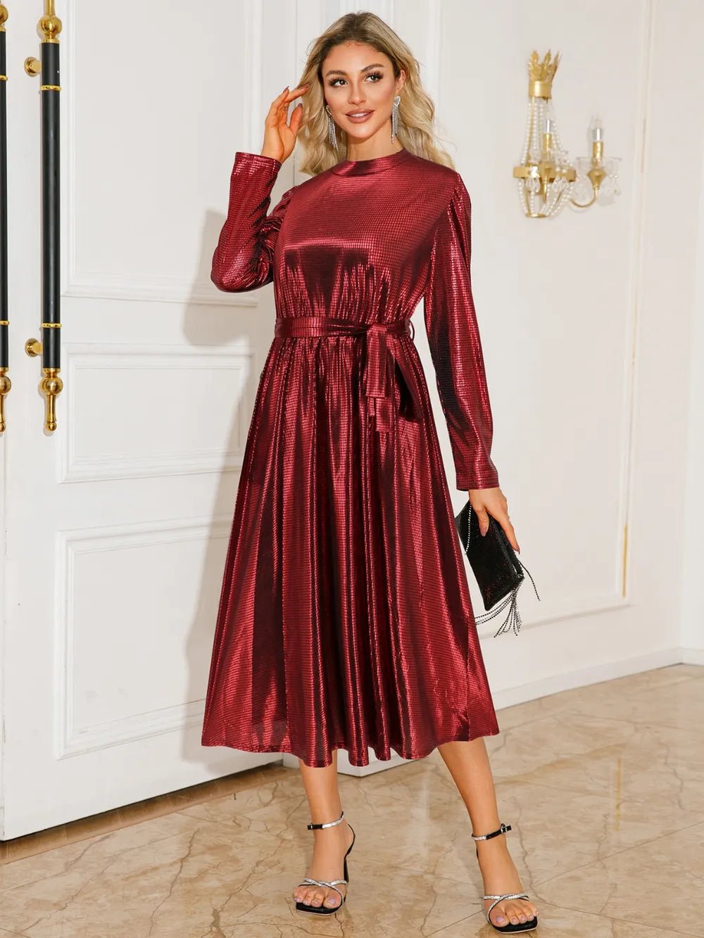 Tie Waist Long Sleeve Midi Dress - SuzRevera