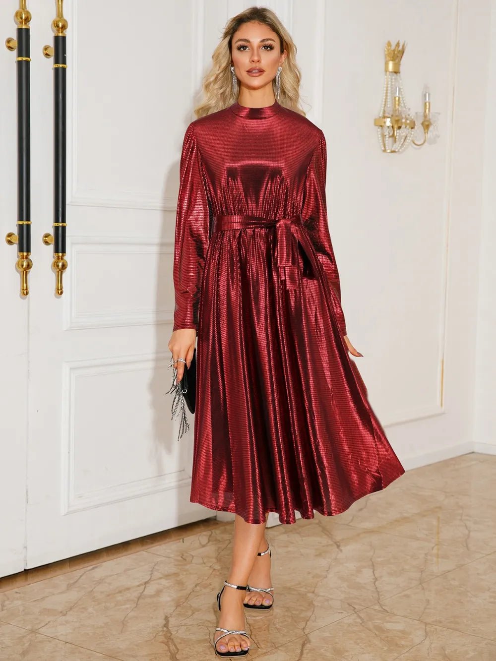 Tie Waist Long Sleeve Midi Dress - SuzRevera