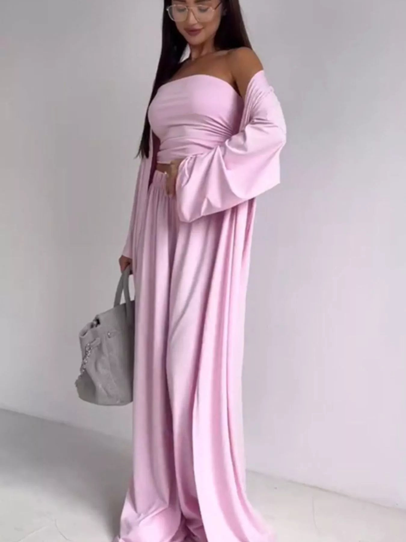 Tube Top & Cardigan & Wide Leg Pants 3-Piece Set - SuzRevera