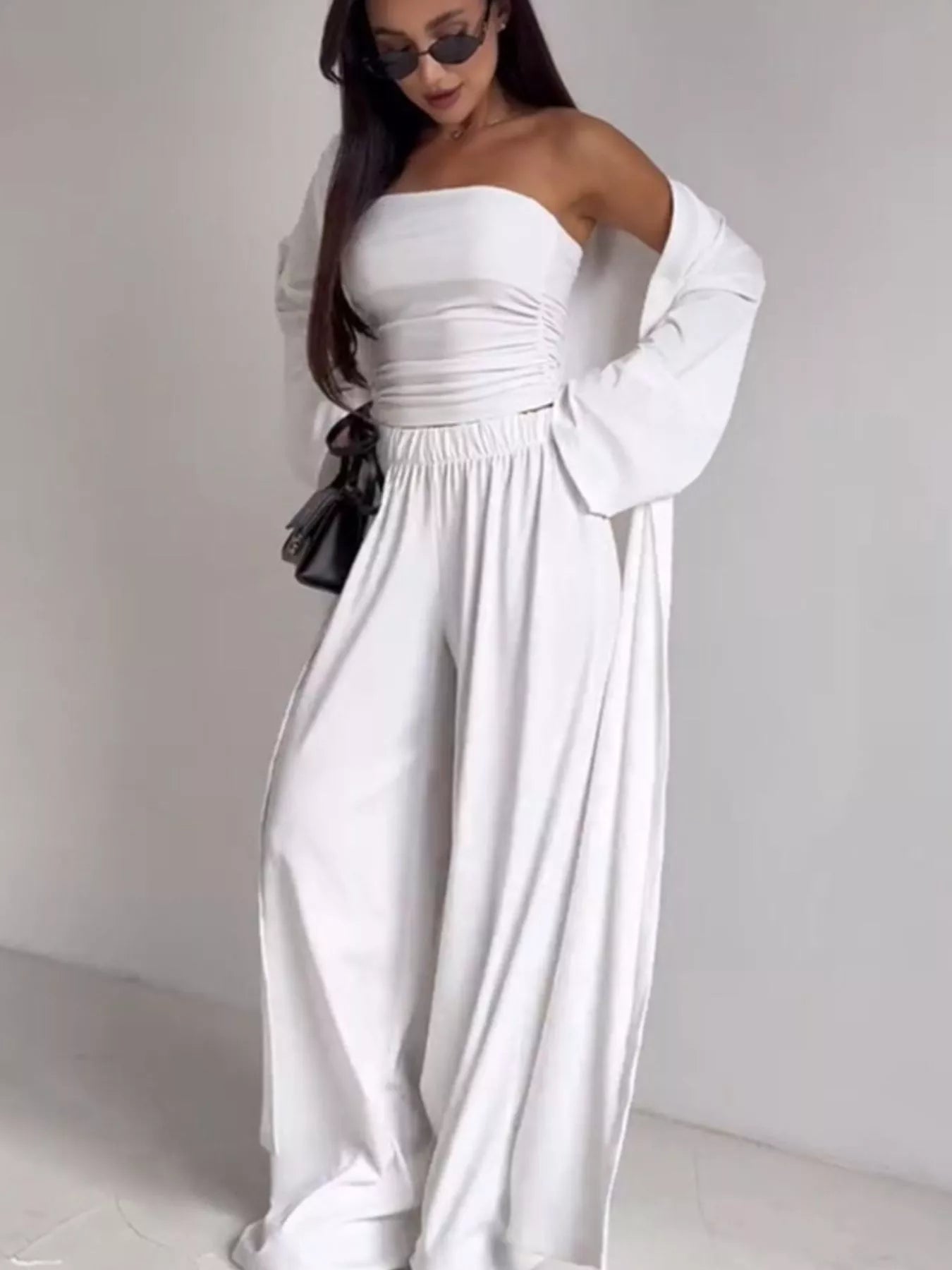 Tube Top & Cardigan & Wide Leg Pants 3-Piece Set - SuzRevera