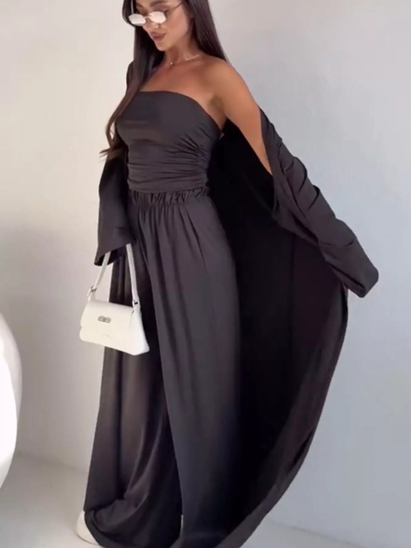 Tube Top & Cardigan & Wide Leg Pants 3-Piece Set - SuzRevera