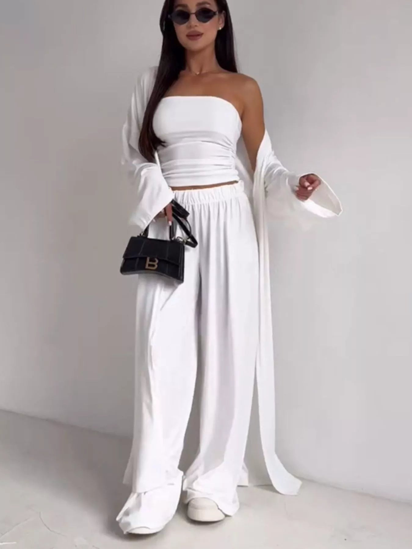Tube Top & Cardigan & Wide Leg Pants 3-Piece Set - SuzRevera