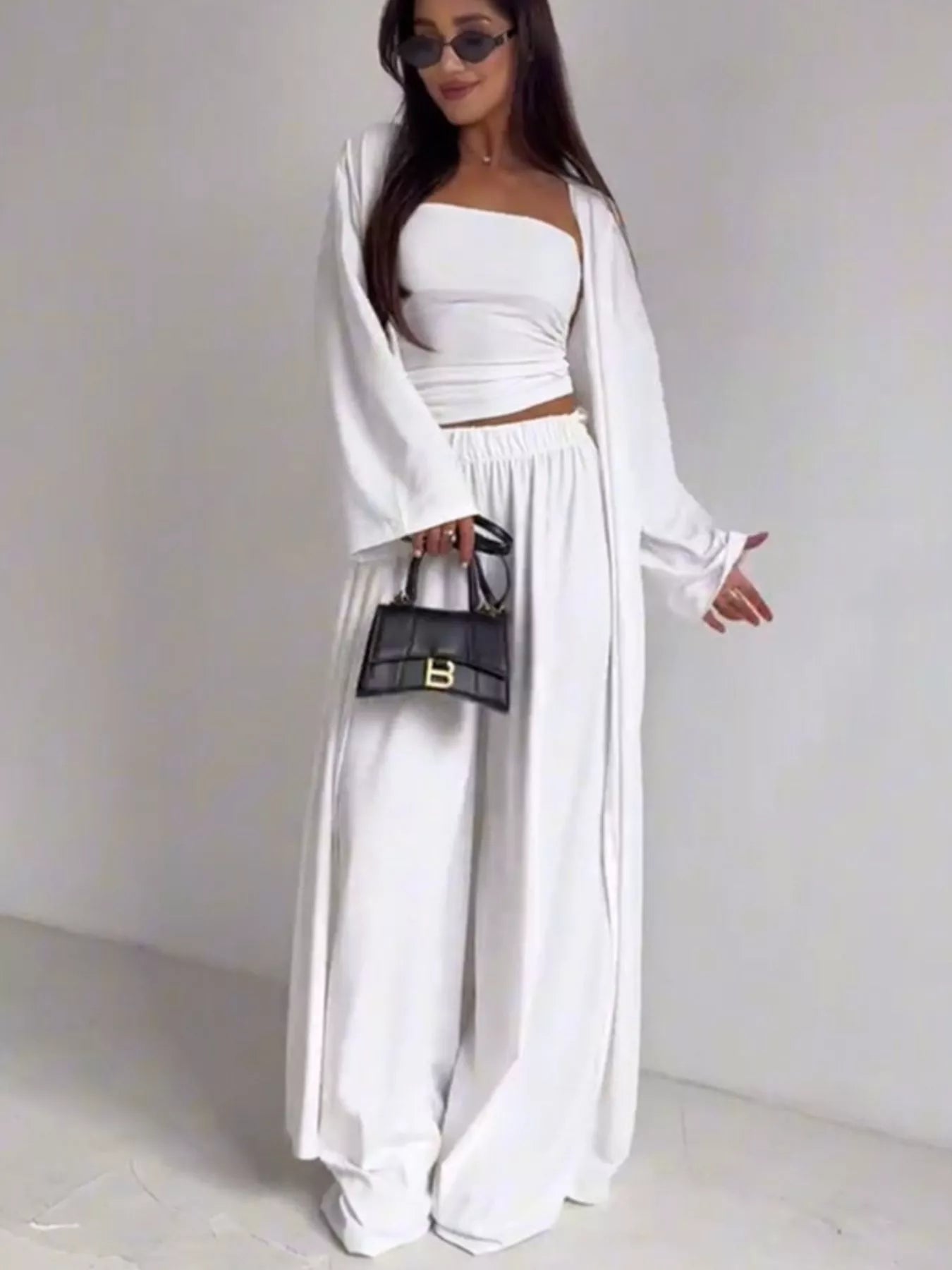 Tube Top & Cardigan & Wide Leg Pants 3-Piece Set - SuzRevera