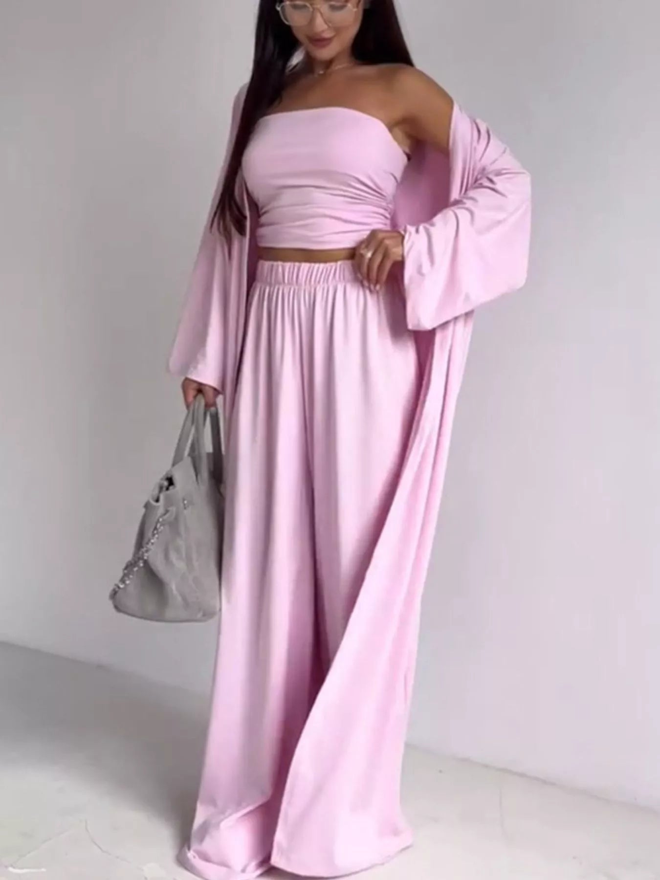 Tube Top & Cardigan & Wide Leg Pants 3-Piece Set - SuzRevera