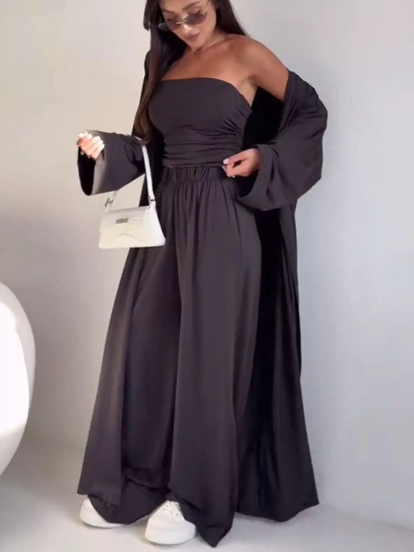 Tube Top & Cardigan & Wide Leg Pants 3-Piece Set - SuzRevera