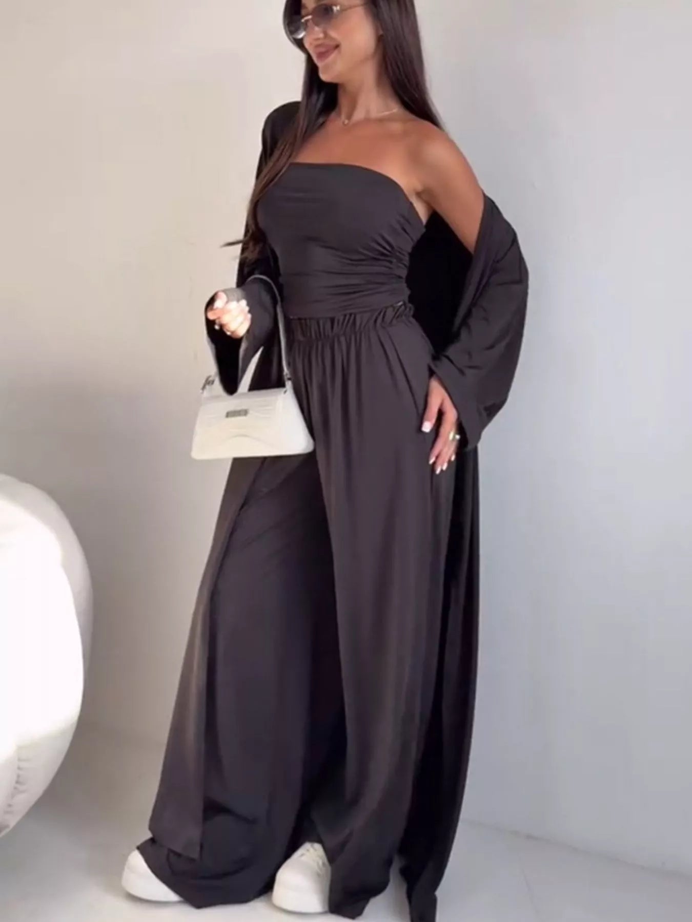 Tube Top & Cardigan & Wide Leg Pants 3-Piece Set - SuzRevera