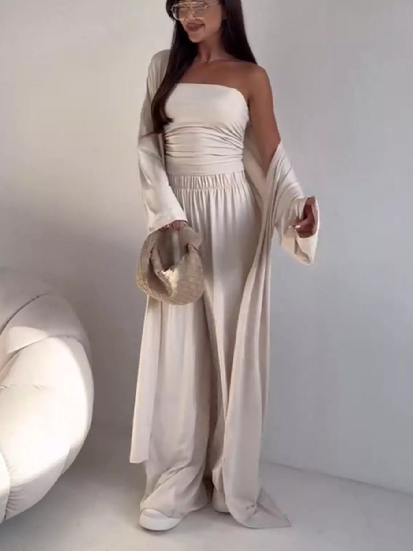 Tube Top & Cardigan & Wide Leg Pants 3-Piece Set - SuzRevera