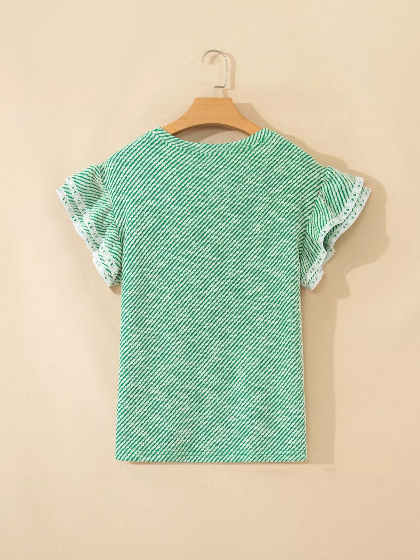Twilled Print Lace Trim Ruffled Short Sleeve Blouse - SuzRevera