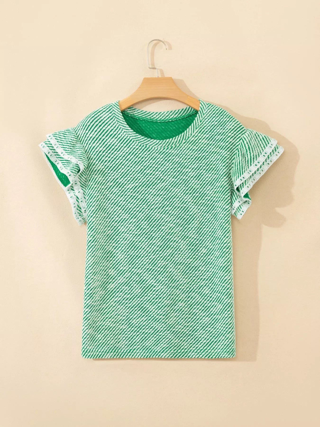 Twilled Print Lace Trim Ruffled Short Sleeve Blouse - SuzRevera