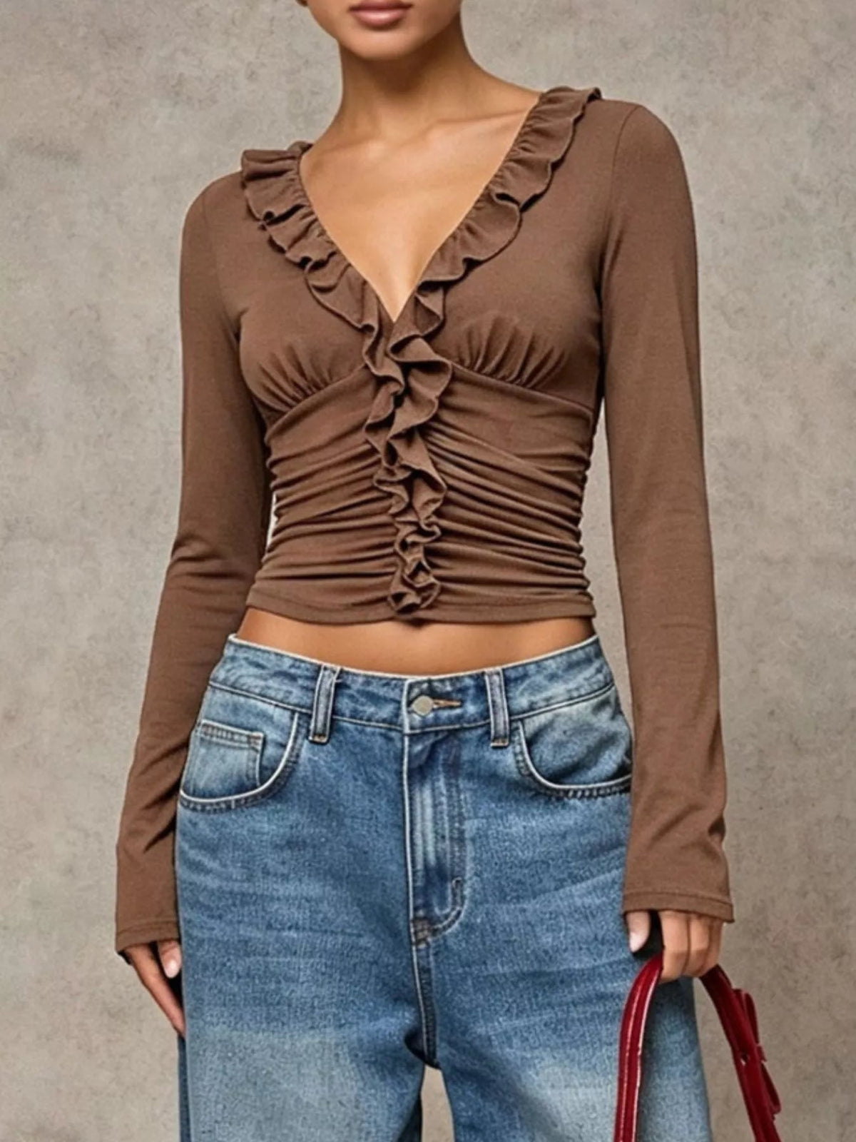 V-Neck Ruffle Trim Ruched Long Sleeve Slim Fit Top - SuzRevera