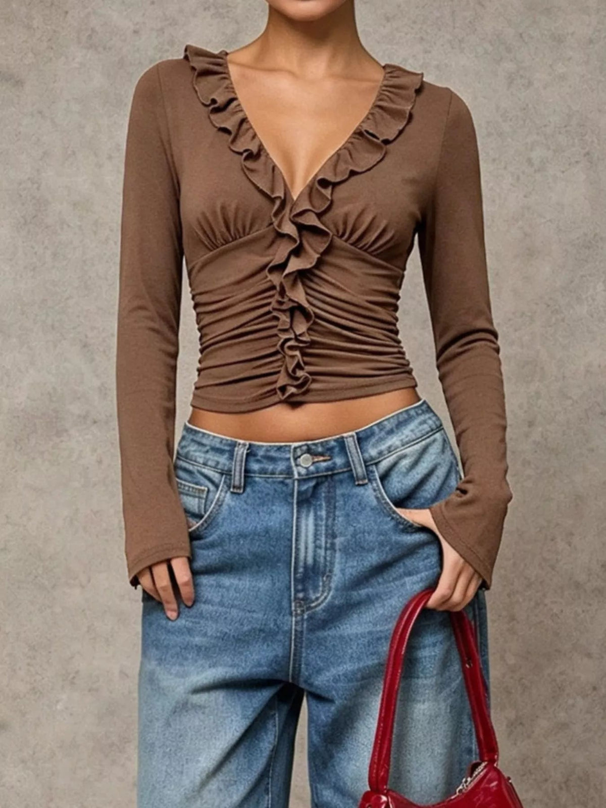 V-Neck Ruffle Trim Ruched Long Sleeve Slim Fit Top - SuzRevera