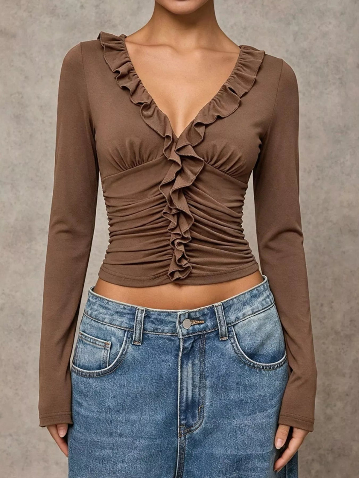 V-Neck Ruffle Trim Ruched Long Sleeve Slim Fit Top - SuzRevera