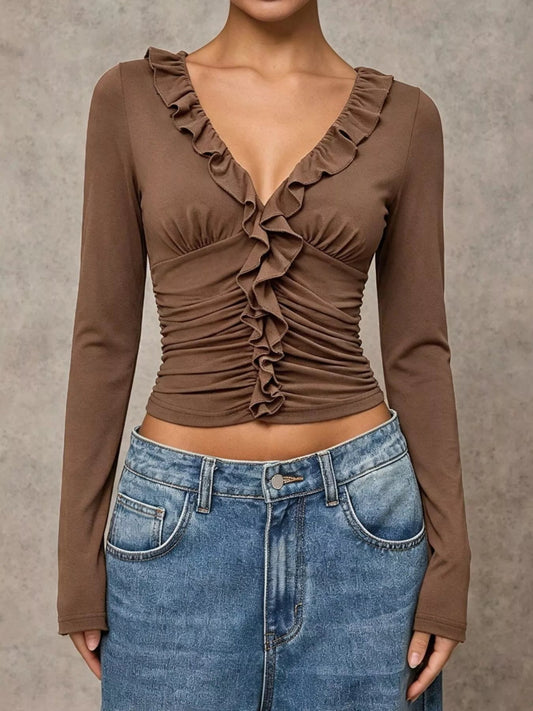 V-Neck Ruffle Trim Ruched Long Sleeve Slim Fit Top - SuzRevera