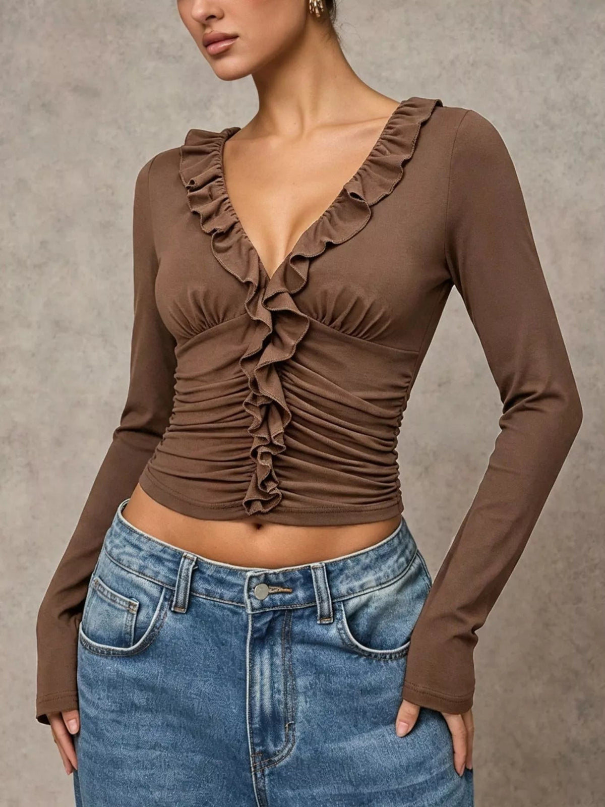 V-Neck Ruffle Trim Ruched Long Sleeve Slim Fit Top - SuzRevera