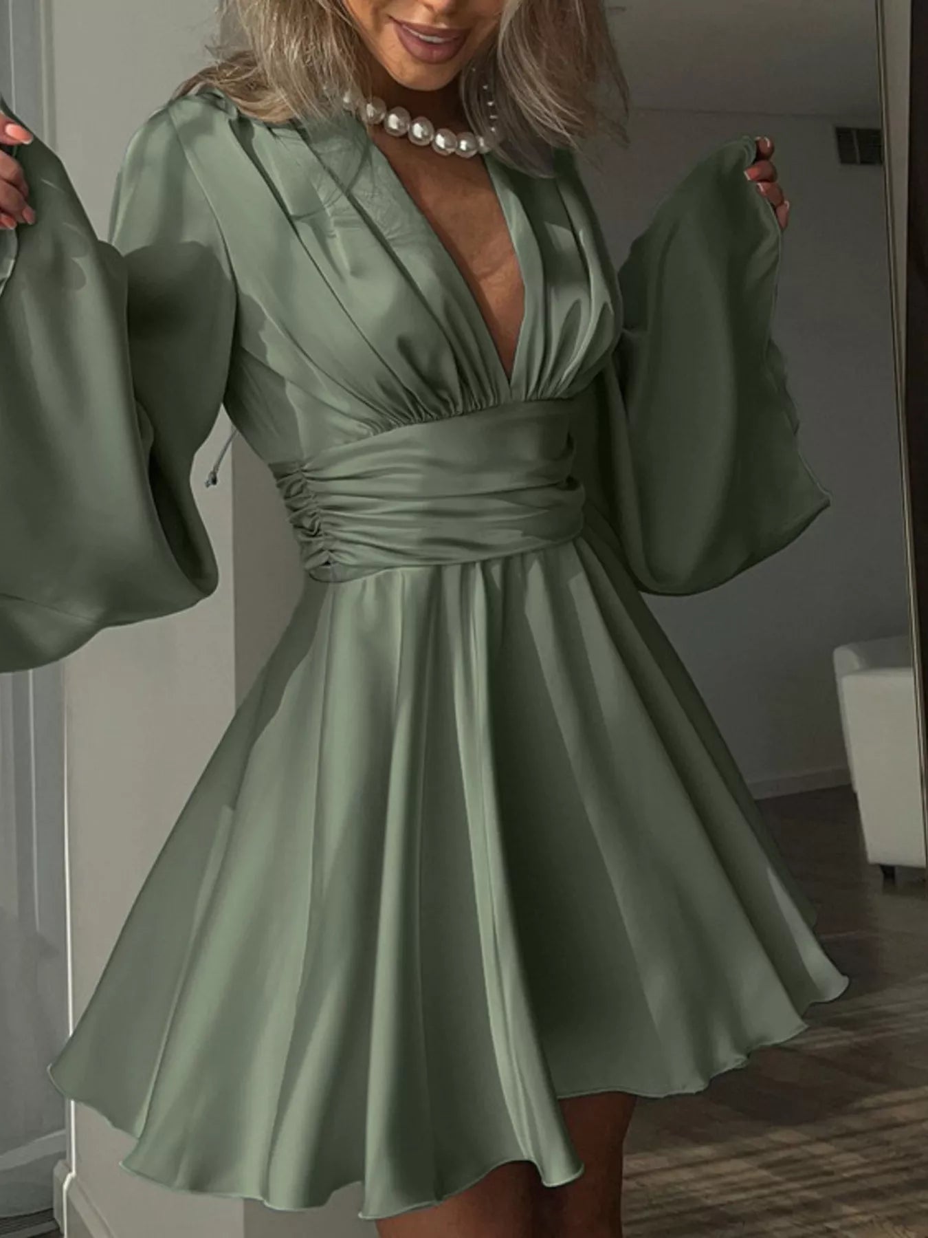 V-Neck Satin Mini Dress with Flowy Sleeves - SuzRevera
