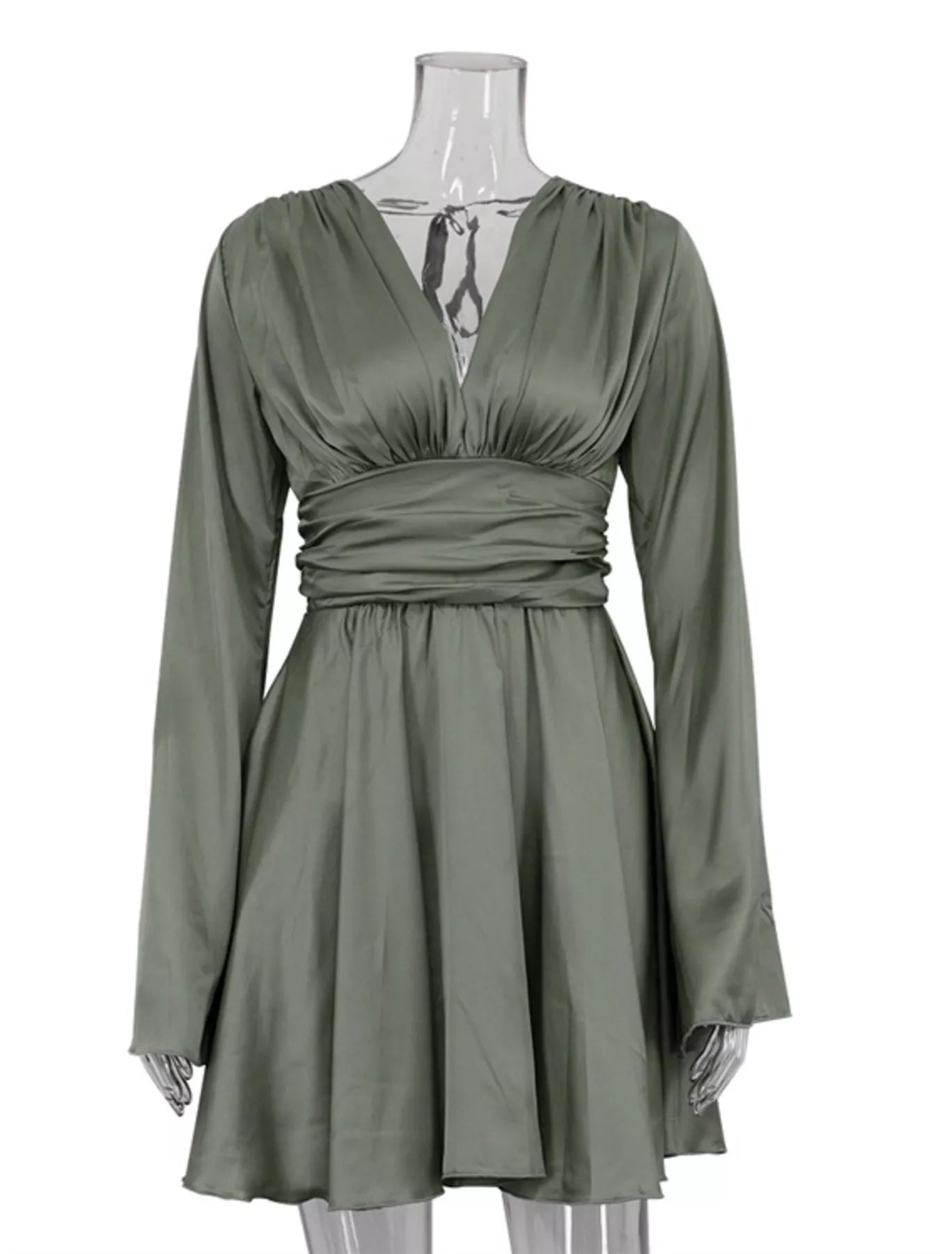 V-Neck Satin Mini Dress with Flowy Sleeves - SuzRevera