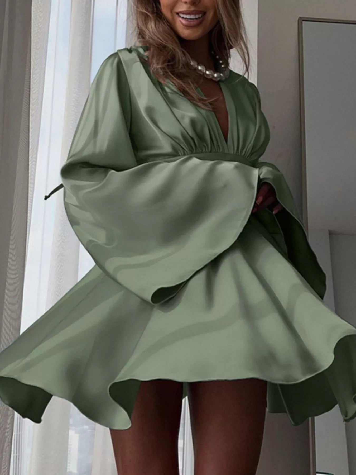 V-Neck Satin Mini Dress with Flowy Sleeves - SuzRevera