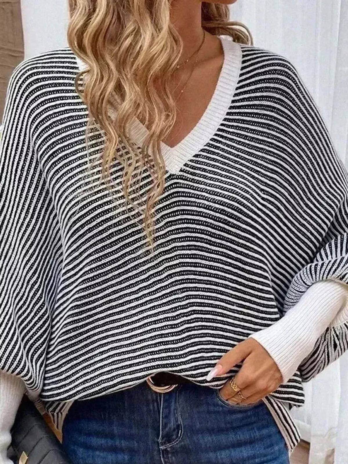 V-Neck Striped Batwing Sleeve Sweater - SuzRevera