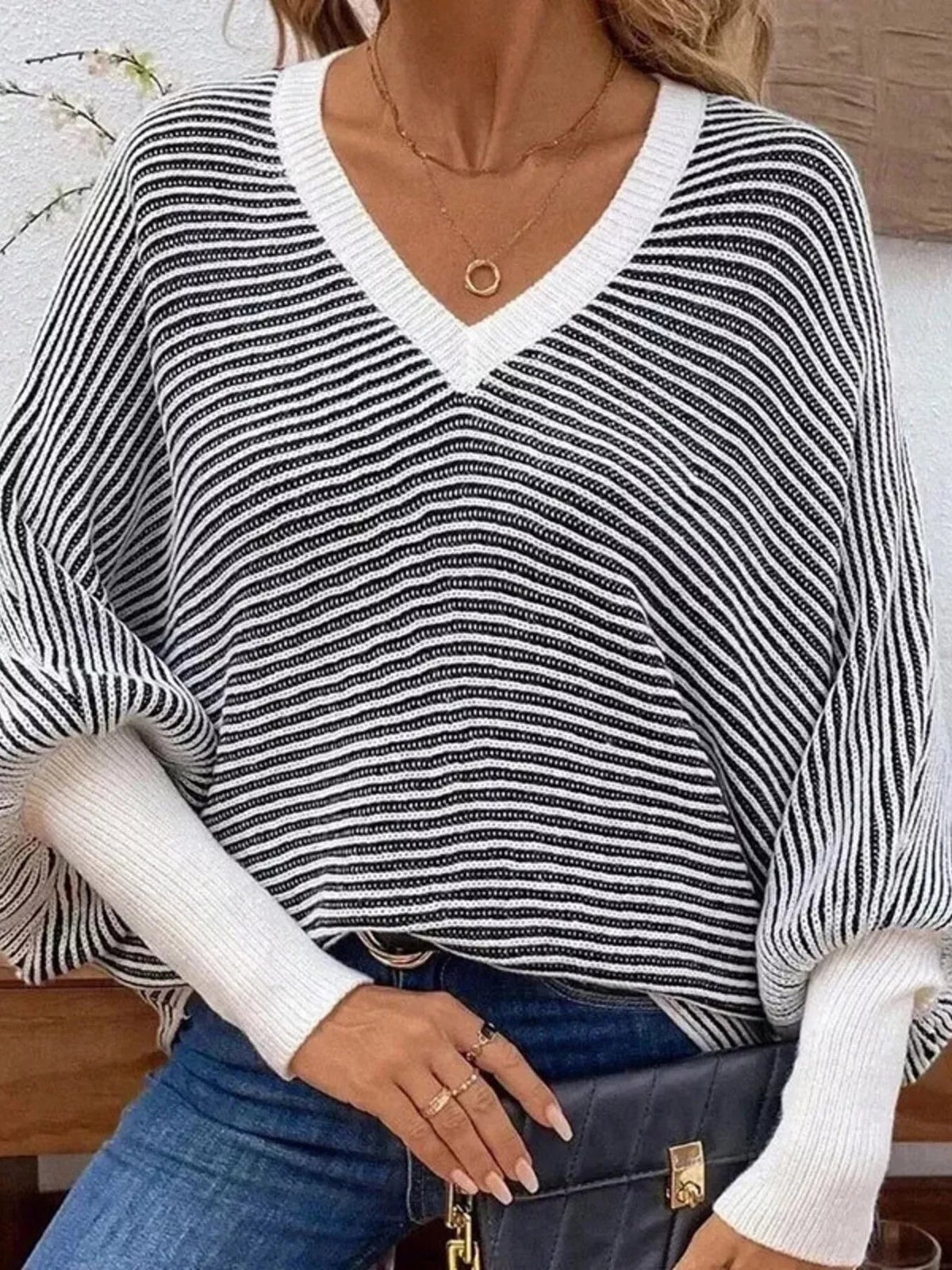 V-Neck Striped Batwing Sleeve Sweater - SuzRevera