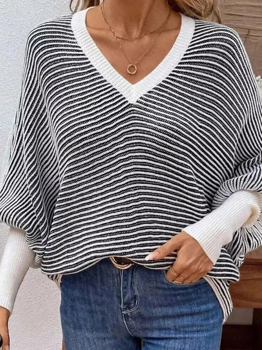 V-Neck Striped Batwing Sleeve Sweater - SuzRevera