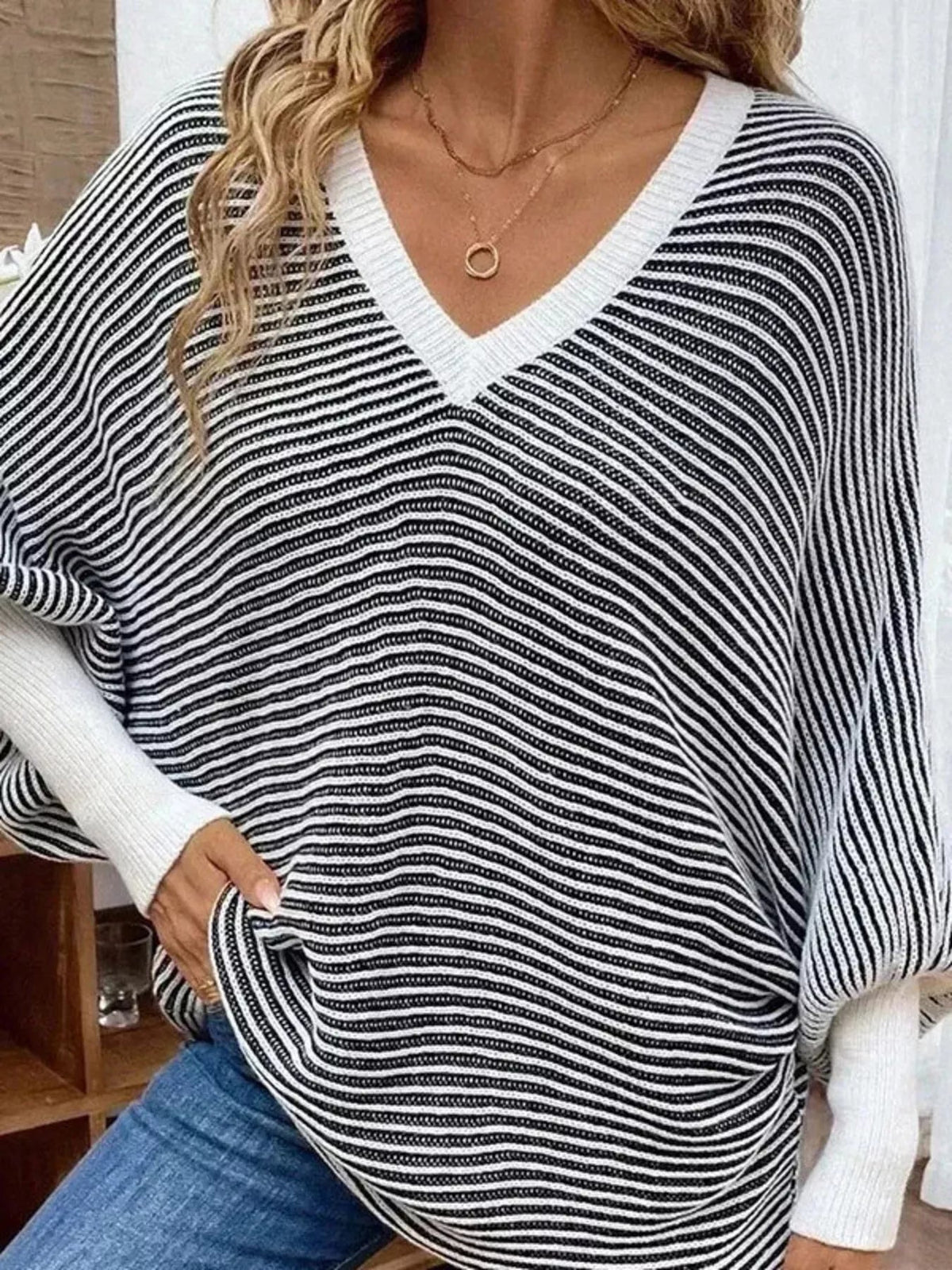 V-Neck Striped Batwing Sleeve Sweater - SuzRevera