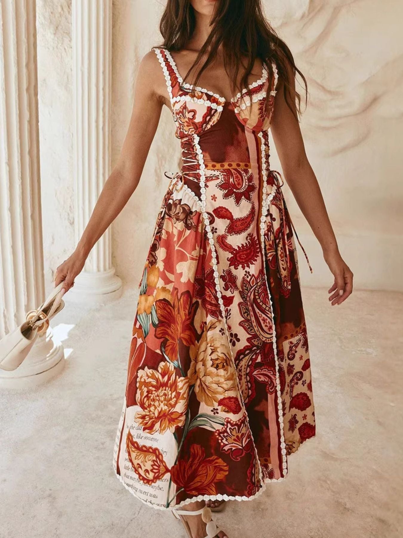 Vintage Paisley Print Lace Trim Midi Dress - SuzRevera