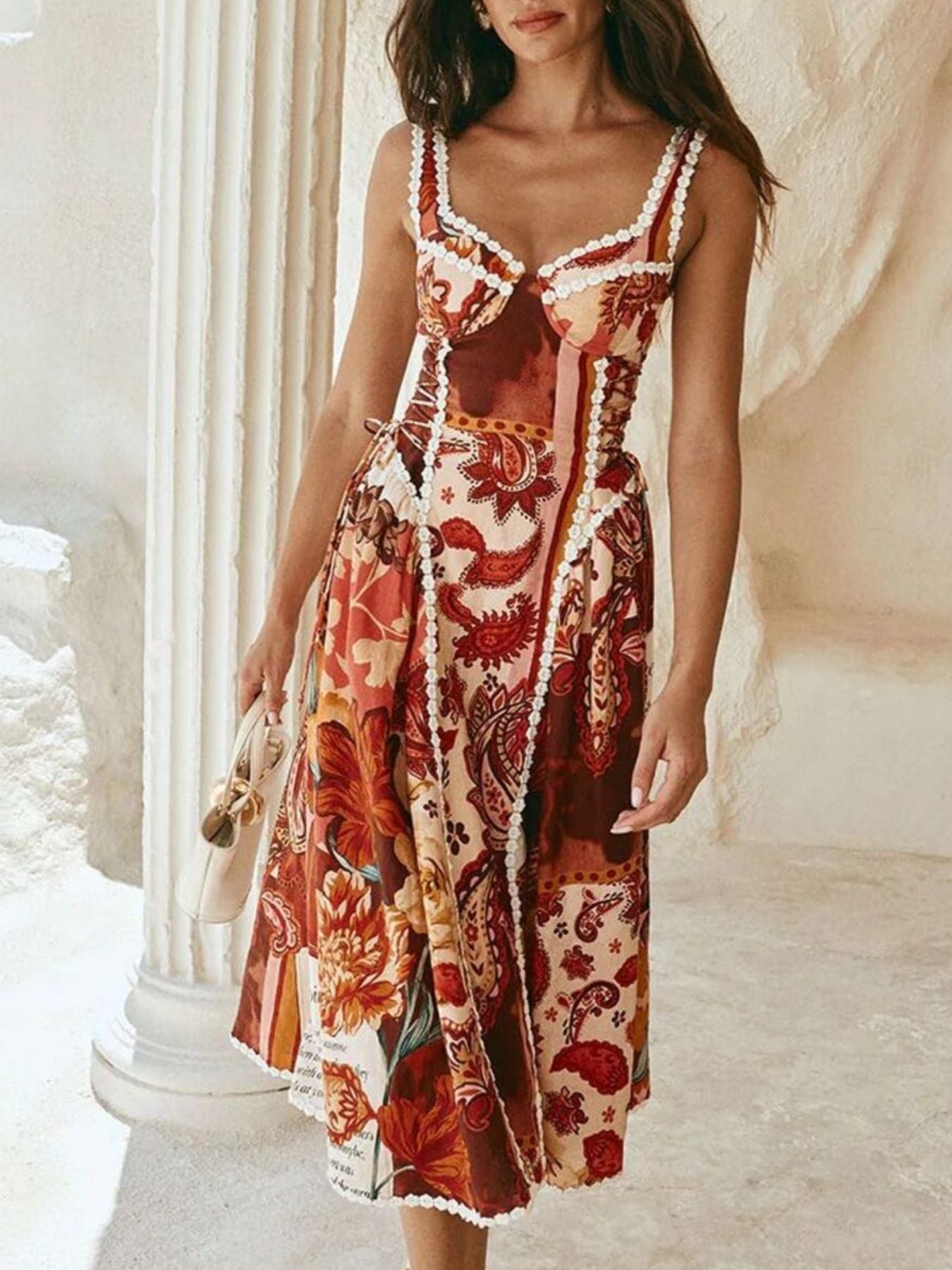 Vintage Paisley Print Lace Trim Midi Dress - SuzRevera