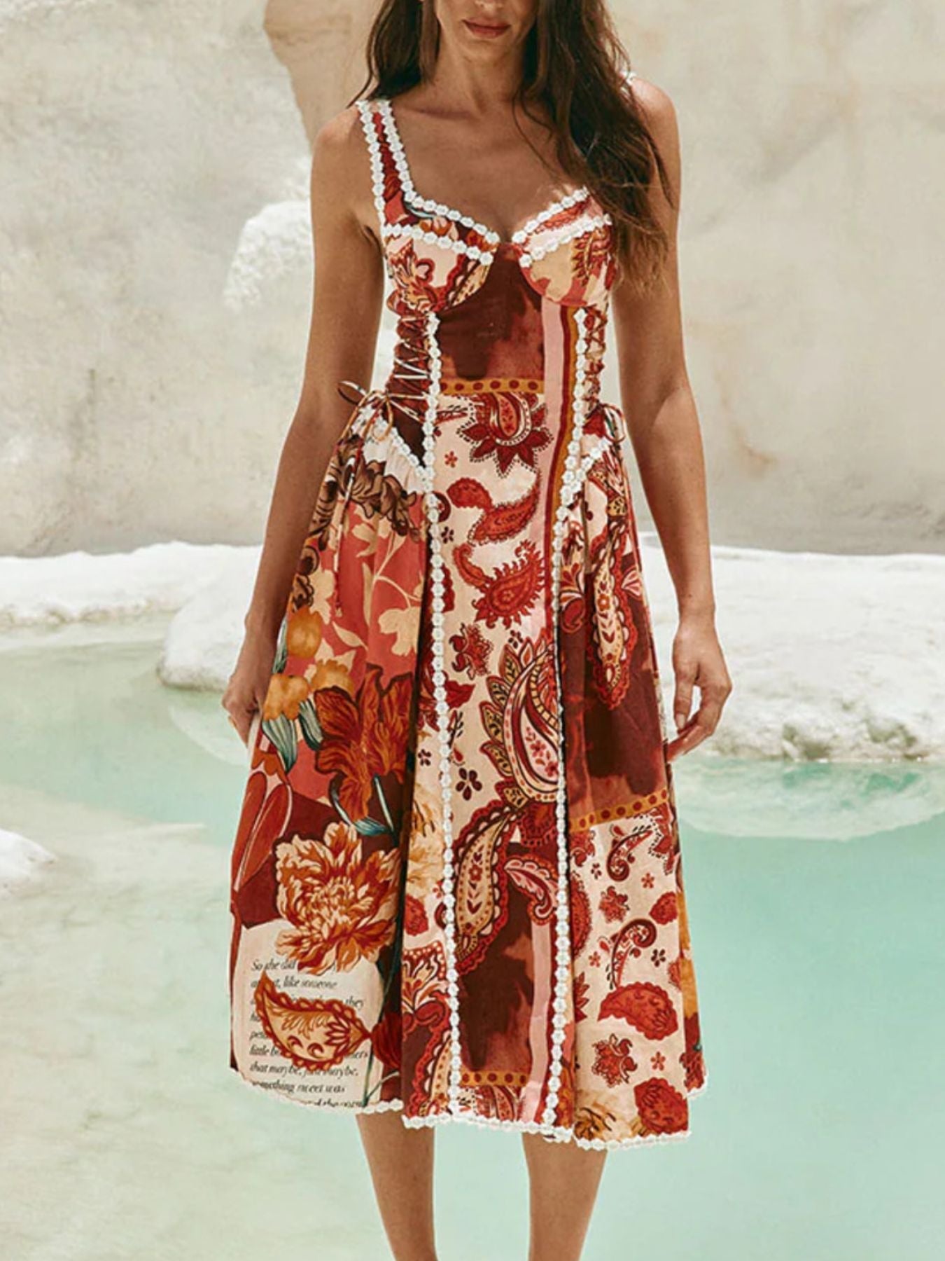 Vintage Paisley Print Lace Trim Midi Dress - SuzRevera