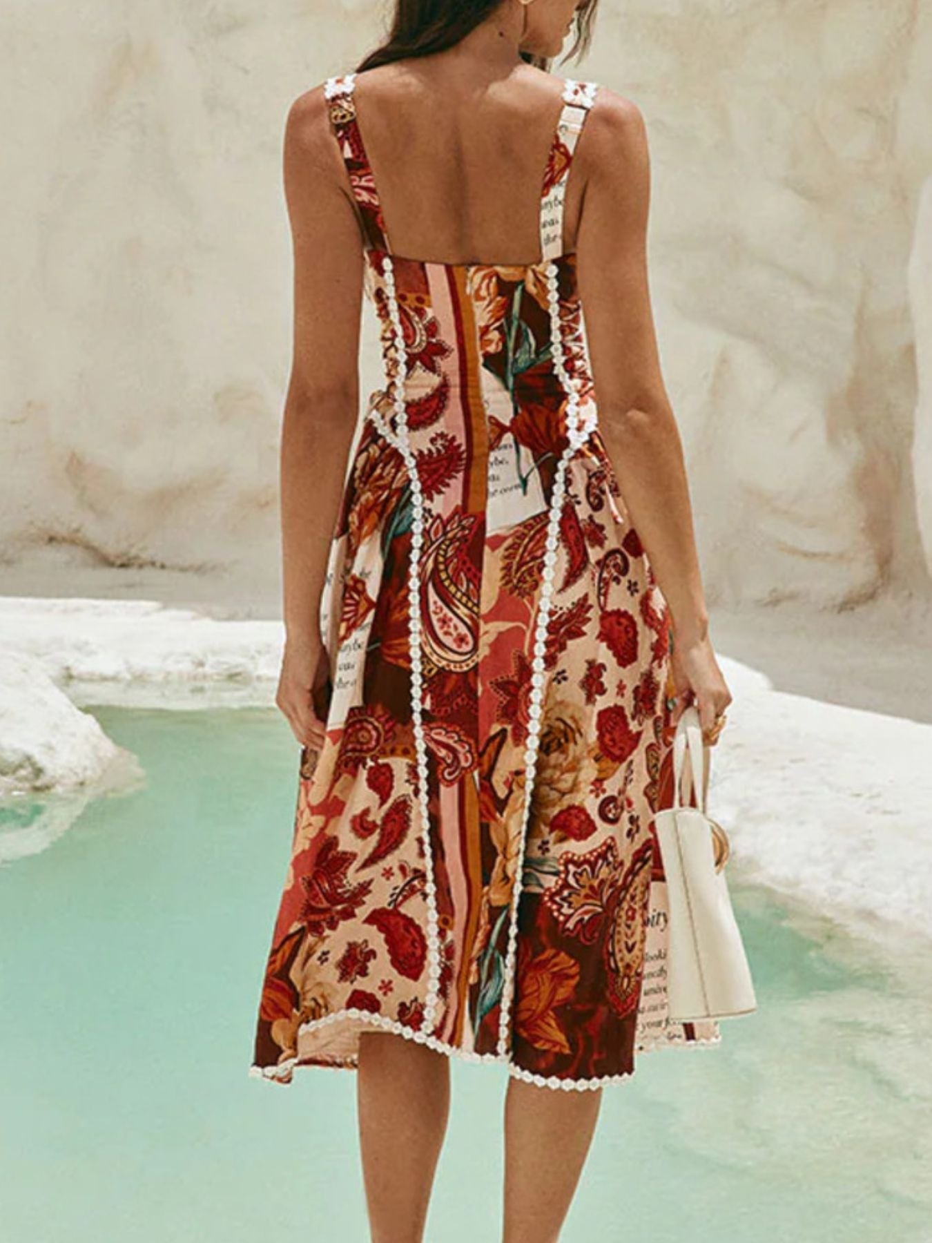Vintage Paisley Print Lace Trim Midi Dress - SuzRevera