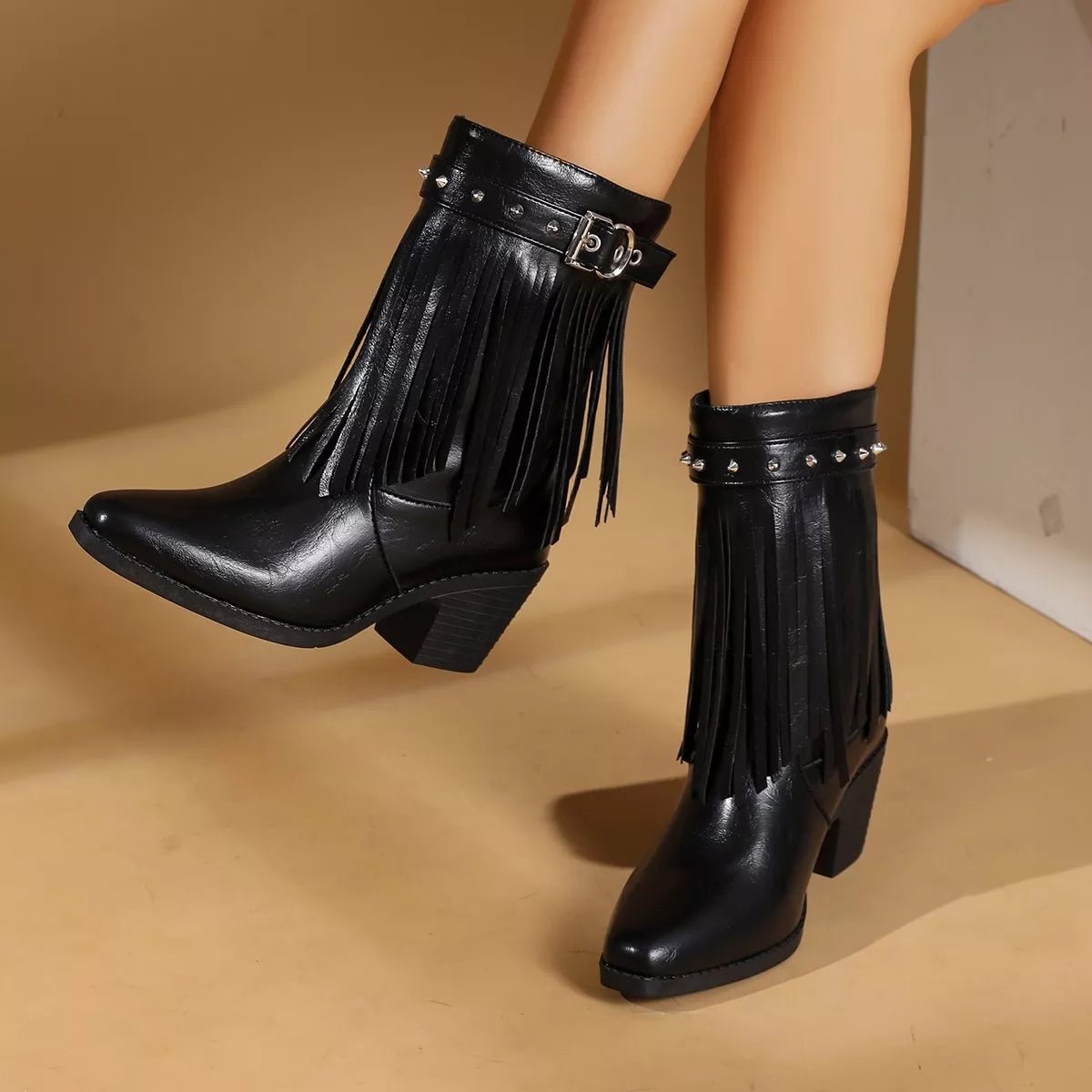 Western Style Fringe Studded Mid-Calf Boots - SuzRevera