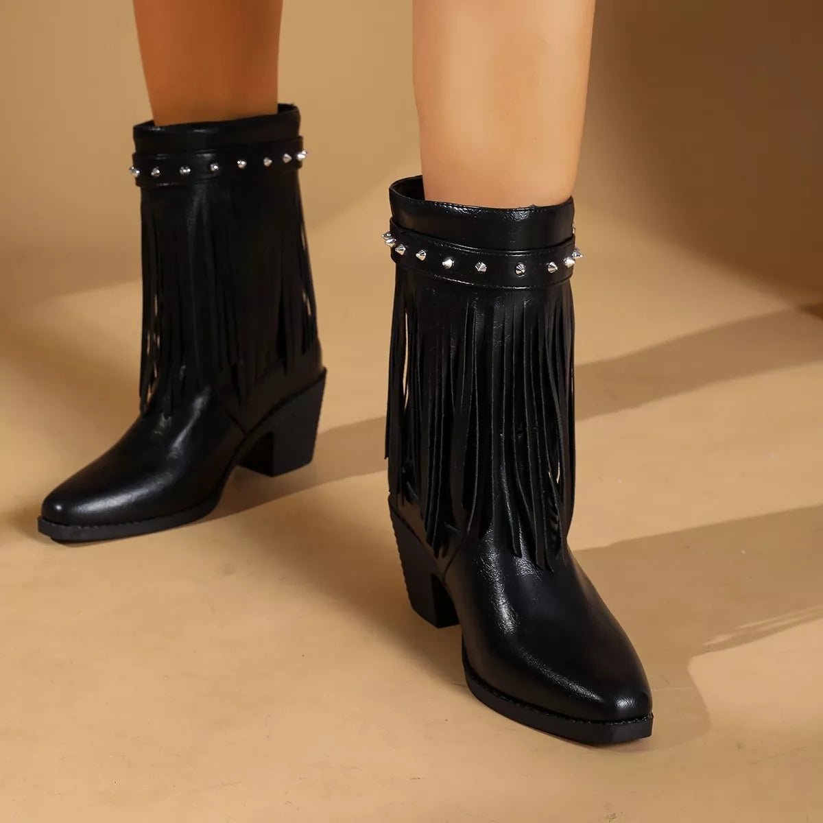 Western Style Fringe Studded Mid-Calf Boots - SuzRevera