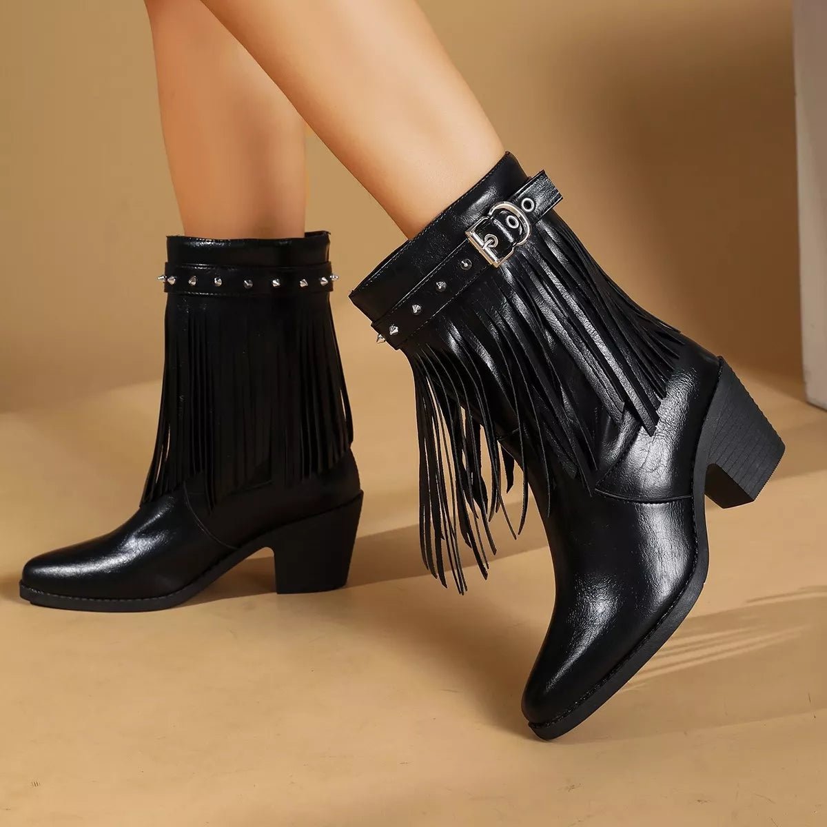 Western Style Fringe Studded Mid-Calf Boots - SuzRevera