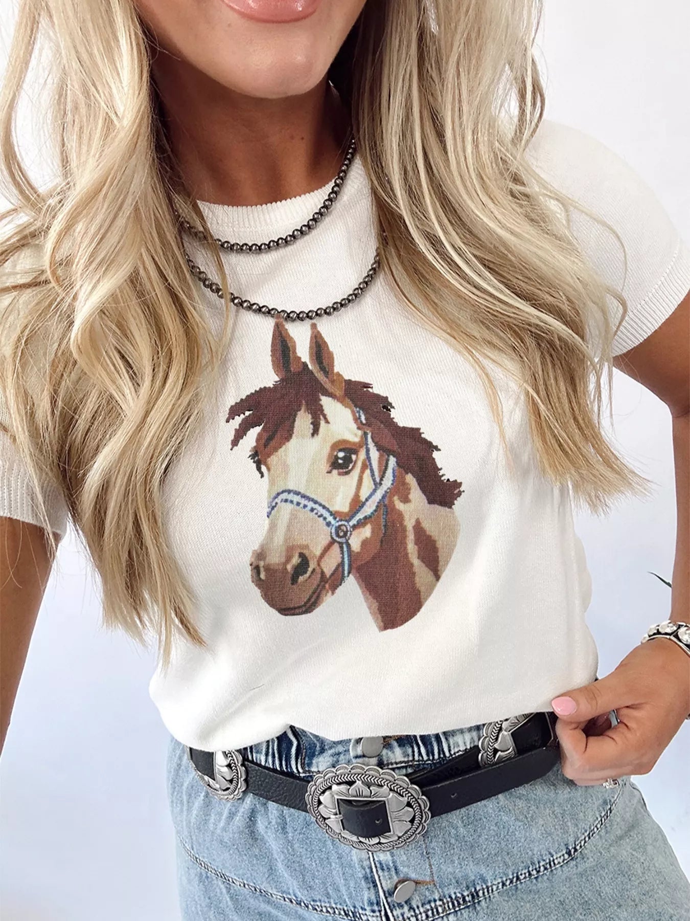 Wild West Horse Head Printed Short Sleeve Sweater - SuzRevera