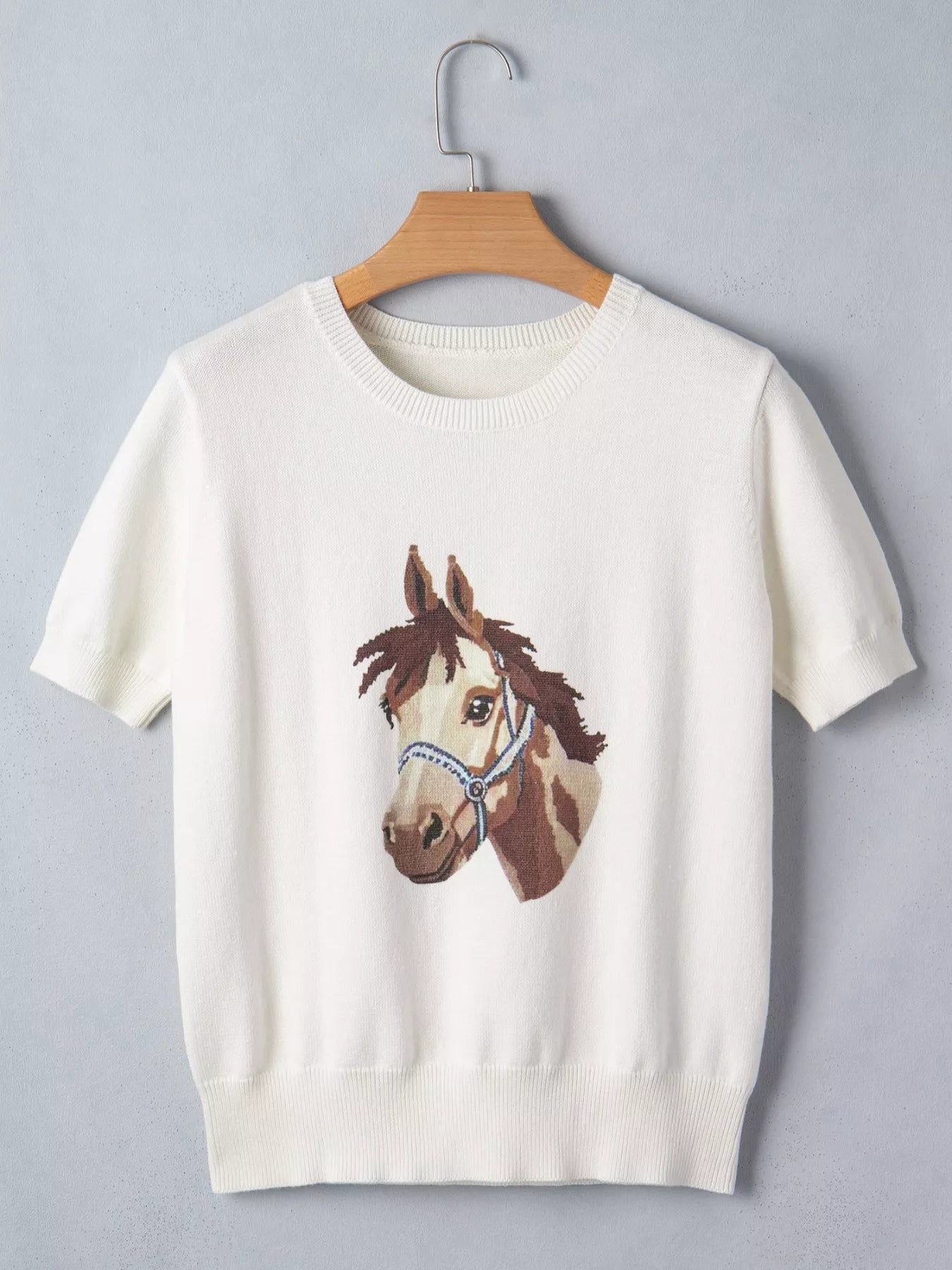 Wild West Horse Head Printed Short Sleeve Sweater - SuzRevera