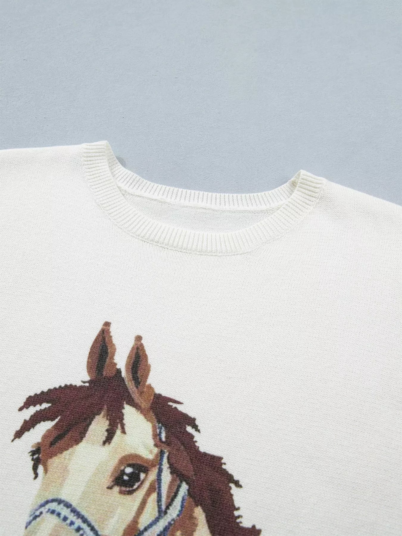 Wild West Horse Head Printed Short Sleeve Sweater - SuzRevera